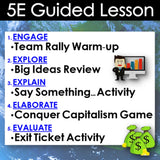 5E Guided Lesson structure with educational activities on a blue background