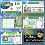 Educational materials on capitalism with graphics and text on a blue world map background.