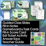 Educational materials including slides, notes, gameboard, task cards, and exit tickets on a world map background.