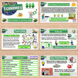 Educational posters on capitalism, economies, and entrepreneurship on a wooden surface.