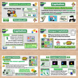 Educational materials on capitalism with graphics and text on a wooden surface.