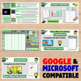 Educational materials with 'Conquer Capitalism' theme on a wooden surface, featuring Google & Microsoft compatibility text.