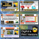 Collection of educational posters on creating propaganda with a digital and print versions label.