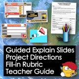 Educational materials including slides, rubric, and project directions on a world map background.