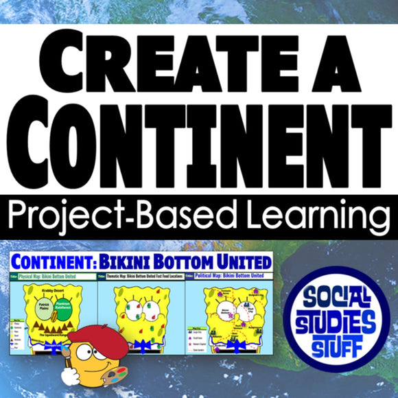 Promotional graphic for project-based learning activity titled 'Create a Continent' with SpongeBob SquarePants theme.