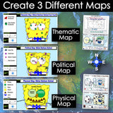 Collage of maps with SpongeBob SquarePants, labeled as Thematic, Political, and Physical Maps.