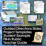 Educational materials including slides, templates, and rubric on a world map background.