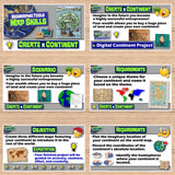 Educational game or project on creating a continent with various cards and graphics.