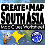 Worksheet titled 'Create a Map South Asia' with a map of South Asia and a character holding a magnifying glass.