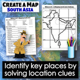 Educational materials for mapping South Asia with a map and worksheet on a world map background.