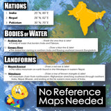 Educational map of India with labeled bodies of water, landforms, and coordinates.