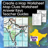 Map worksheet with South Asia labeled, answer keys, and teacher guides on a blue background.