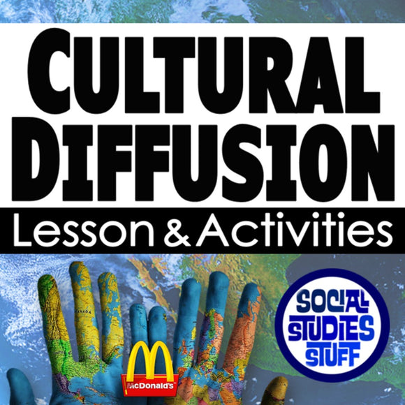 Lesson and activities on cultural diffusion with colorful hands and McDonald's logo.