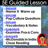 5E Guided Lesson structure with a pop culture question and McDonald's in India close reading.