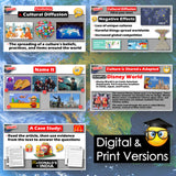 Educational digital and print materials on cultural diffusion with a map background.