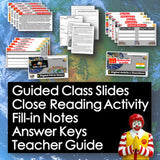 Educational materials with digital files and a character in front of a world map