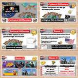 Educational materials on cultural diffusion and pop culture icons displayed on a wooden surface.