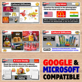 Educational materials about McDonald's in different countries on a wooden surface with 'Google & Microsoft Compatible' text.