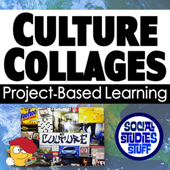 Promotional graphic for 'Culture Collages' project-based learning with colorful collage images and text.