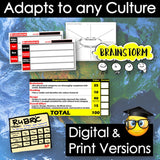 Educational materials with 'Brainstorm' and 'Rubric' on a world map background, indicating cultural adaptation and assessment tools.