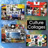 Collage of various culture collages with text and images on a world map background.