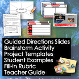 Educational materials including slides, templates, and examples on a world map background.