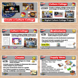 Educational materials for creating a digital culture collage project on a wooden surface.