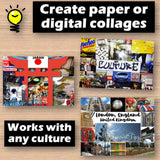 Collage creation tool with examples of collages on a wooden surface