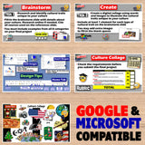 Educational software interface with tasks and rubrics on a wooden surface, featuring Google and Microsoft compatibility text.