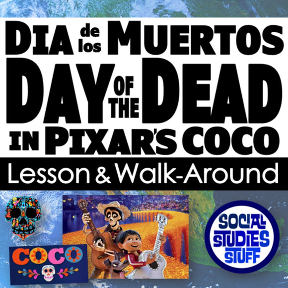 Promotional graphic for Pixar's 'Coco' featuring Dia de los Muertos theme with text and movie poster.