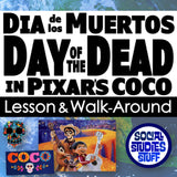 Promotional graphic for Pixar's 'Coco' featuring Dia de los Muertos theme with text and movie poster.