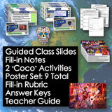 Educational materials including slides, activities, posters, and notes with a 'Coco' theme on a world map background.