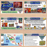 Educational materials about Day of the Dead and Mexico on a wooden surface