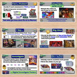 Educational materials about Dia de los Muertos on a wooden surface