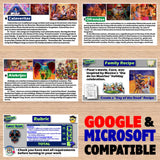 Educational materials about Dia de los Muertos with images and text on a wooden surface.