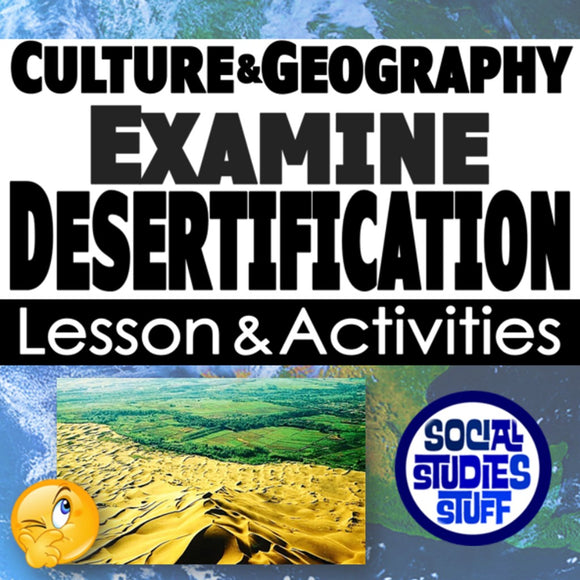 Promotional graphic for a lesson on desertification with text and images of landscapes.