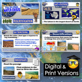 Educational materials on desertification and global water crisis with digital and print versions.