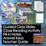 Educational materials including slides, notes, and activities on a desert-themed background.