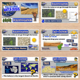 Educational materials on desertification and global water crisis with images and text.