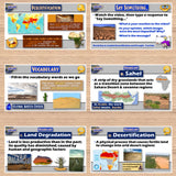 Educational slides on desertification with images and text on a wooden background