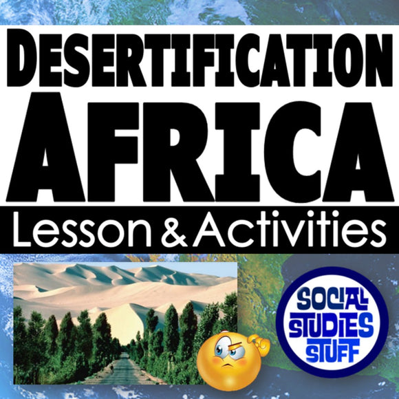 Desertification lesson and activities for Africa with a logo and text overlay.