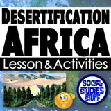 Desertification lesson and activities for Africa with a logo and text overlay.