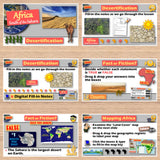 Educational software interface about desertification in Africa with various interactive elements.