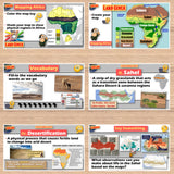 Educational materials on a wooden surface, including maps and vocabulary cards about Africa.