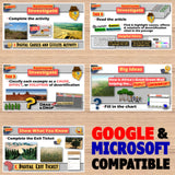 Educational software interface with various activities on a wooden background, featuring Google and Microsoft compatibility text.
