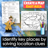 Educational materials for creating a map of East Asia with a map, worksheet, and colorful pencils.