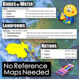 Educational material about bodies of water, landforms, and nations with a map background.
