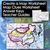 Map worksheet with colored regions and text on a blue background
