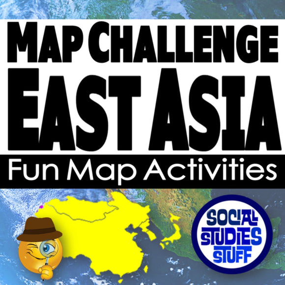 Promotional graphic for a map challenge on East Asia with a cartoon character and 'Social Studies Stuff' logo.