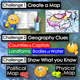 Educational graphic with map challenges and related elements on a blue background.